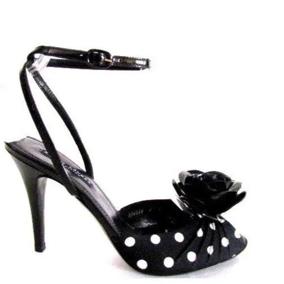 Designer Ralph Lauren Black White Polka Dot Flower Detail Ankle Strap Sandals - Picture 2 of 8